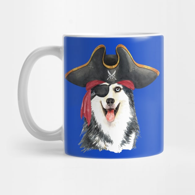 Siberian husky pirate hand drawn watercolor by Mako Design 